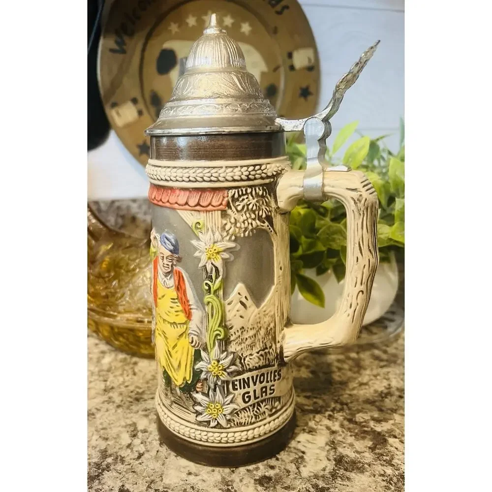 Vtg Gertz Beer Stein Pub Scene Translation “ A Full Glass, A Lot Of Fun” 9”